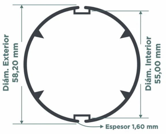 Tubo aluminio 55x1.60mm nervado y ranurado p/mec 41plus c/buje ARMAR x mt