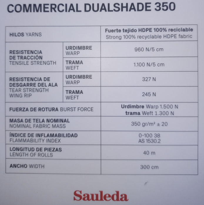 Tejido media sombra premium Commercial dualshade 350 SAULEDA - ancho 3mts x mts lineal